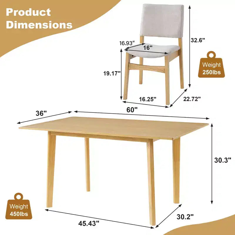 Ensemble de salle à manger moderne 5 pièces avec table en bois massif et 4 chaises en lin, pour cuisine ou salle à manger