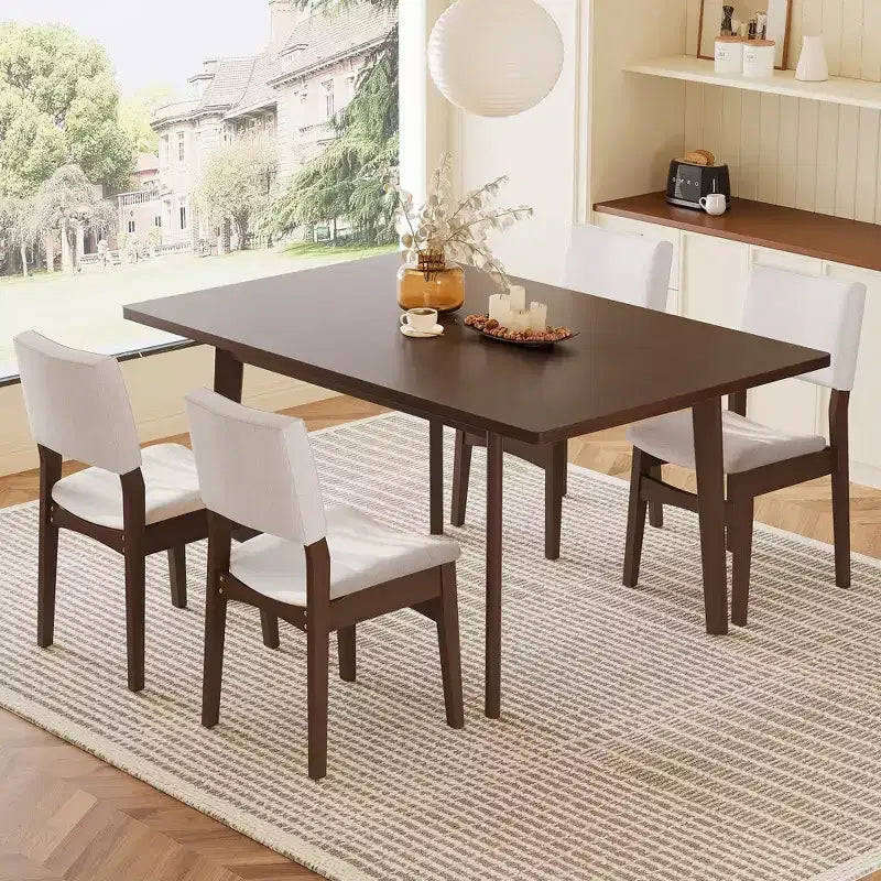 Ensemble de salle à manger moderne 5 pièces avec table en bois massif et 4 chaises en lin, pour cuisine ou salle à manger