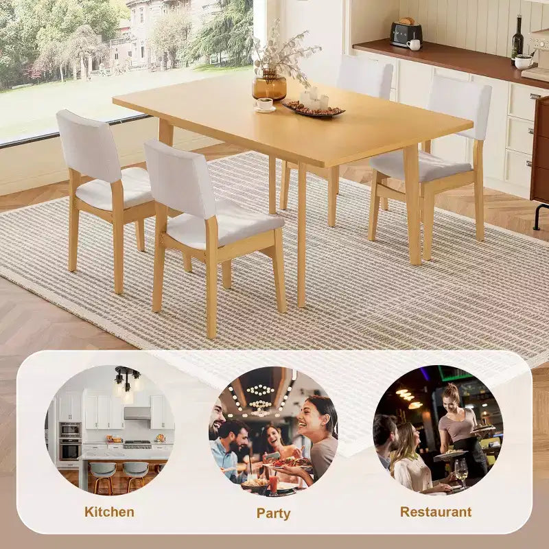 Ensemble de salle à manger moderne 5 pièces avec table en bois massif et 4 chaises en lin, pour cuisine ou salle à manger