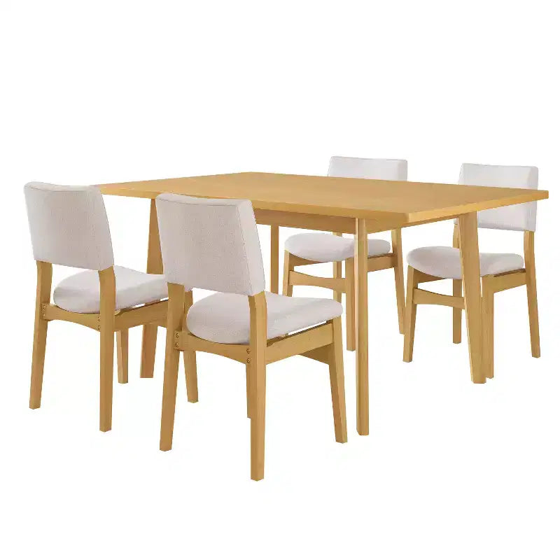 Ensemble de salle à manger moderne 5 pièces avec table en bois massif et 4 chaises en lin, pour cuisine ou salle à manger
