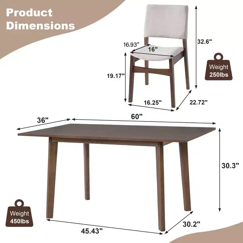 Ensemble de salle à manger moderne 5 pièces avec table en bois massif et 4 chaises en lin, pour cuisine ou salle à manger