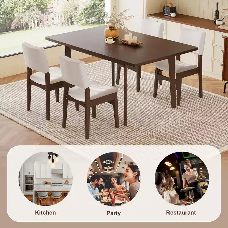 Ensemble de salle à manger moderne 5 pièces avec table en bois massif et 4 chaises en lin, pour cuisine ou salle à manger