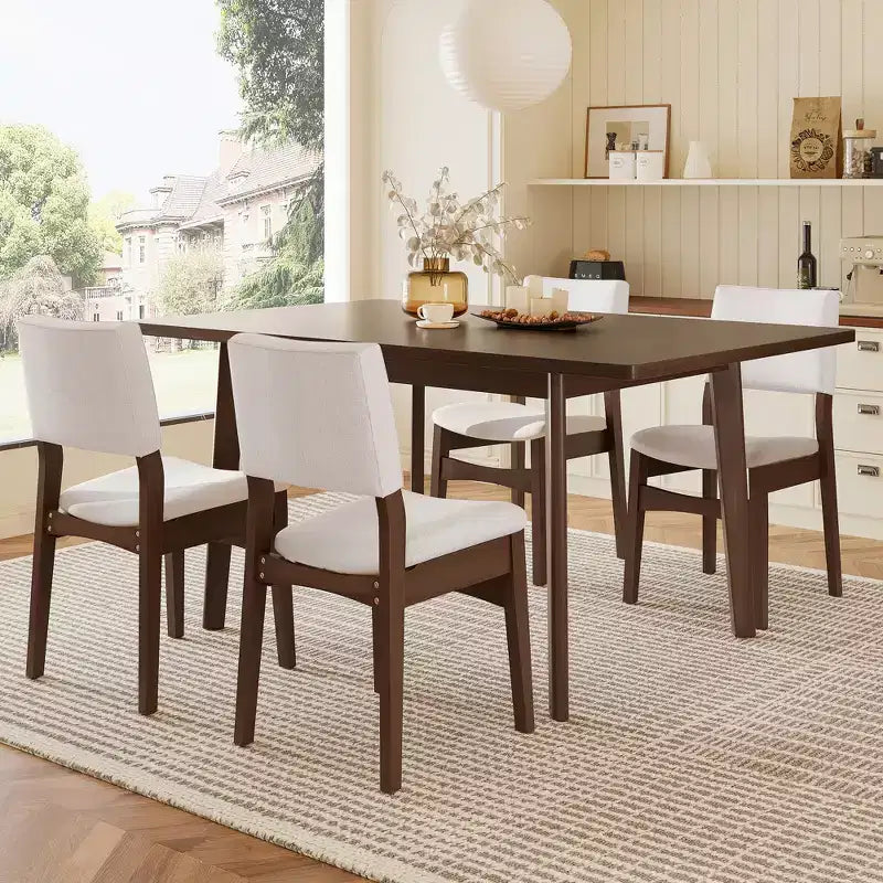 Ensemble de salle à manger moderne 5 pièces avec table en bois massif et 4 chaises en lin, pour cuisine ou salle à manger