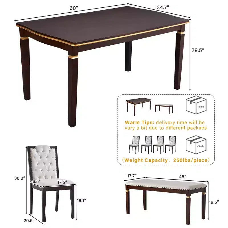 Ensemble de salle à manger 6 pièces GDFStudio Mathis avec table rectangulaire de 60 po, 4 chaises capitonnées à dossier haut et 1 banc