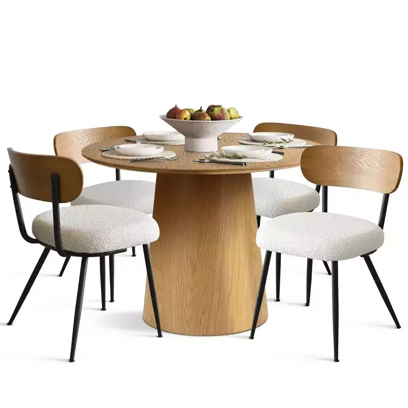 Ensemble de salle à manger rond 5 pièces, table à piédestal en chêne de 42 po avec 4 chaises rembourrées en bouclé, dossiers en bois de frêne et pieds en métal - Panipeachy