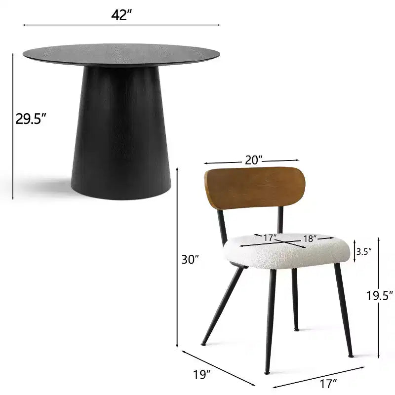Ensemble de salle à manger rond 5 pièces, table à piédestal en chêne de 42 po avec 4 chaises rembourrées en bouclé, dossiers en bois de frêne et pieds en métal - Panipeachy