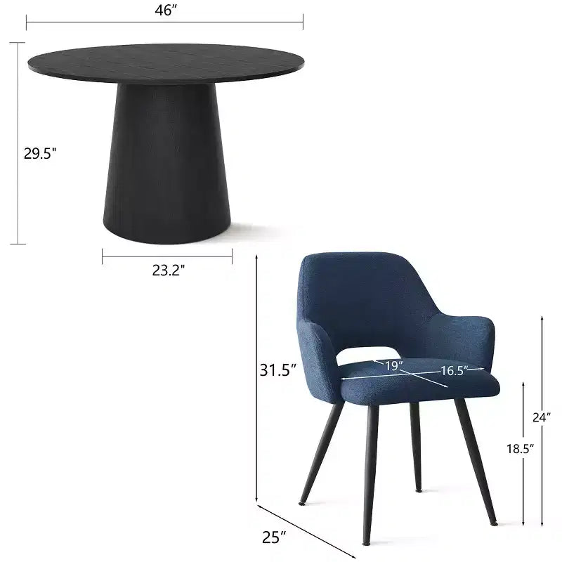 Table de salle à manger ronde de 46 po pour 4 personnes, table à pied central aspect bois et fauteuils rembourrés avec pieds en métal, idéal pour les coins-repas - Panipeachy