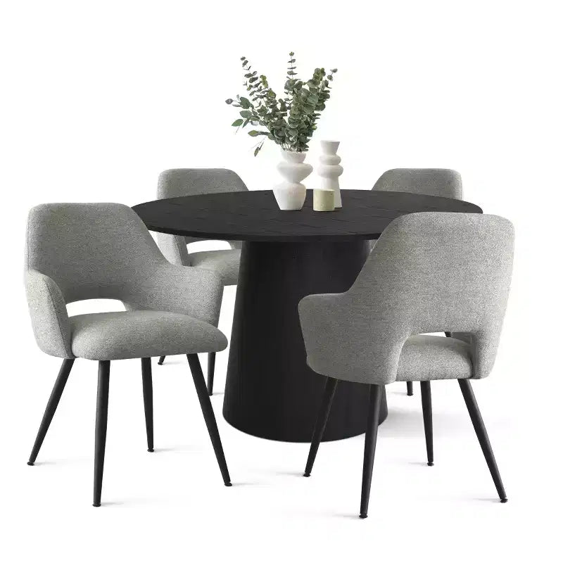 Table de salle à manger ronde de 46 po pour 4 personnes, table à pied central aspect bois et fauteuils rembourrés avec pieds en métal, idéal pour les coins-repas - Panipeachy