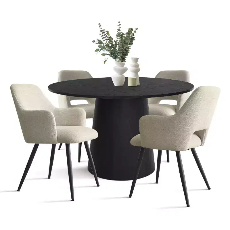 Table de salle à manger ronde de 46 po pour 4 personnes, table à pied central aspect bois et fauteuils rembourrés avec pieds en métal, idéal pour les coins-repas - Panipeachy