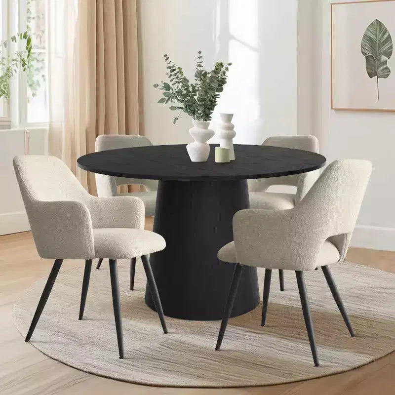 46 Round Dining Table Set for 4, Wood-Look Pedestal Table and Upholstered Armchairs with Metal Legs, Great for Kitchen Nooks-Panipeachy