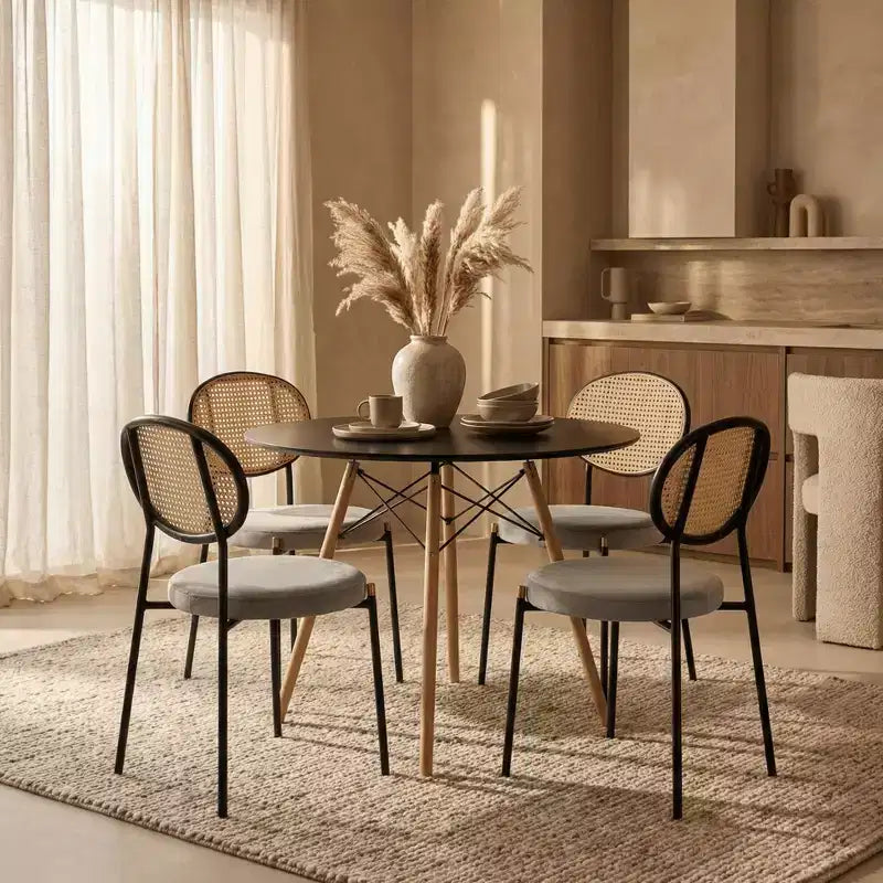 LeisureMod Dover 5pc Modern Dining Set, Round Black Wood Top Dining Table and 4 Velvet Upholstered Chairs with Metal Legs, Small Space Kitchen Set