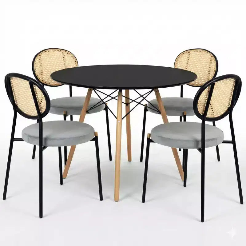 LeisureMod Dover, ensemble de salle à manger moderne 5 pièces, table à manger ronde en bois noir et 4 chaises rembourrées en velours avec pieds en métal, ensemble de cuisine pour petits espaces