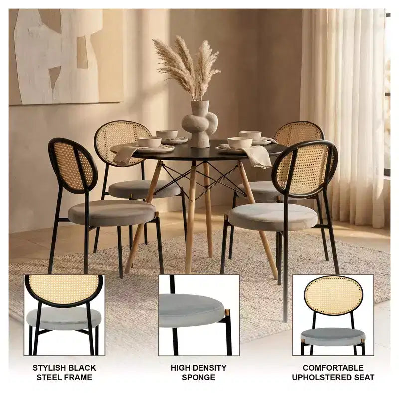 LeisureMod Dover, ensemble de salle à manger moderne 5 pièces, table à manger ronde en bois noir et 4 chaises rembourrées en velours avec pieds en métal, ensemble de cuisine pour petits espaces