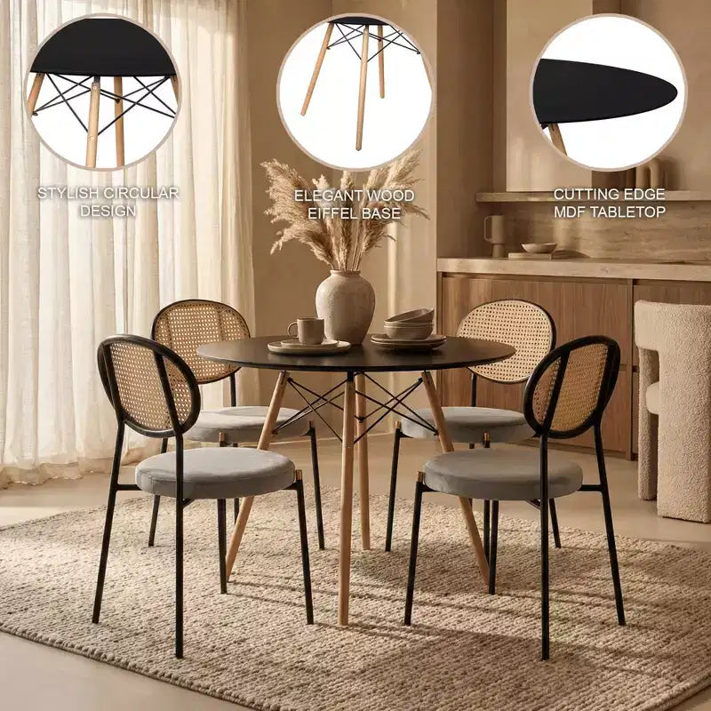 LeisureMod Dover, ensemble de salle à manger moderne 5 pièces, table à manger ronde en bois noir et 4 chaises rembourrées en velours avec pieds en métal, ensemble de cuisine pour petits espaces