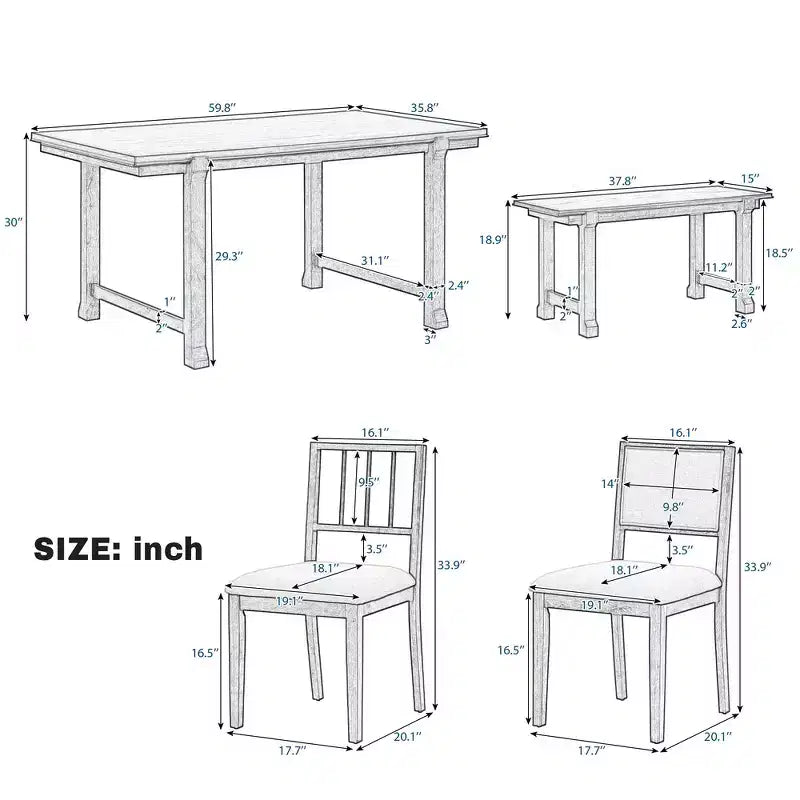 Ensemble de salle à manger de ferme Whisen 6 pièces, meubles de salle à manger en bois pour 6 personnes, table à manger rectangulaire et 4 chaises, 1 banc