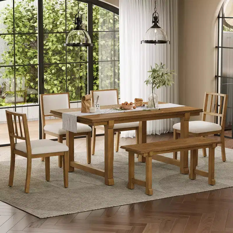 Ensemble de salle à manger de ferme Whisen 6 pièces, meubles de salle à manger en bois pour 6 personnes, table à manger rectangulaire et 4 chaises, 1 banc