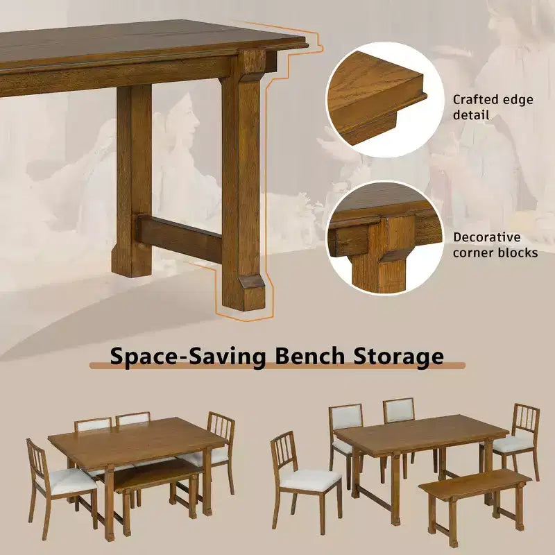 Ensemble de salle à manger de ferme Whisen 6 pièces, meubles de salle à manger en bois pour 6 personnes, table à manger rectangulaire et 4 chaises, 1 banc