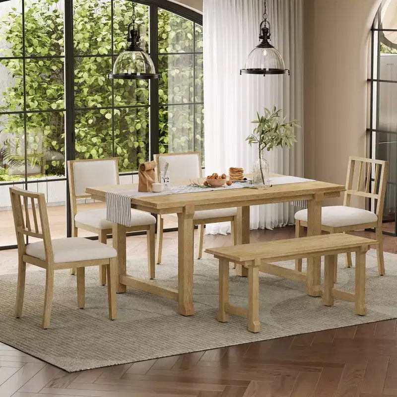 Ensemble de salle à manger de ferme Whisen 6 pièces, meubles de salle à manger en bois pour 6 personnes, table à manger rectangulaire et 4 chaises, 1 banc