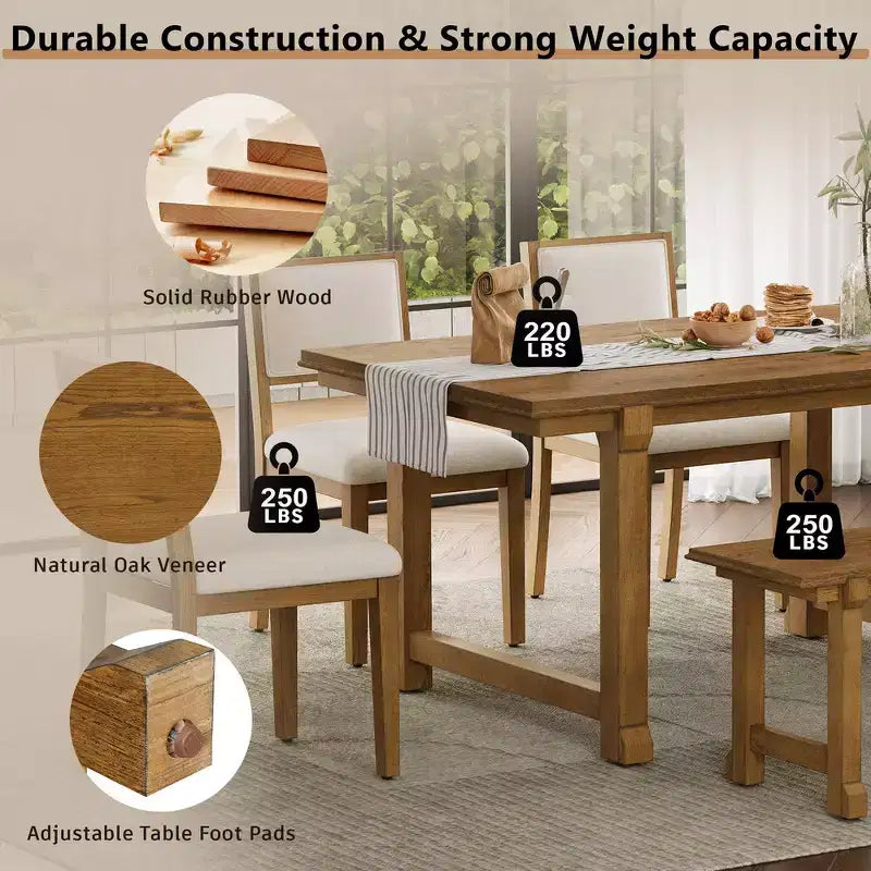 Ensemble de salle à manger de ferme Whisen 6 pièces, meubles de salle à manger en bois pour 6 personnes, table à manger rectangulaire et 4 chaises, 1 banc