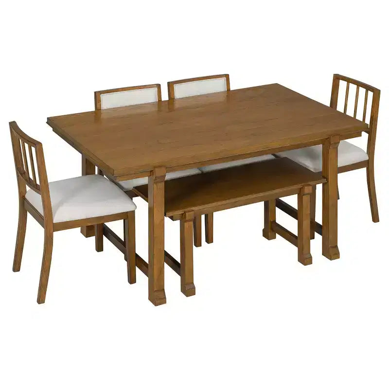 Ensemble de salle à manger de ferme Whisen 6 pièces, meubles de salle à manger en bois pour 6 personnes, table à manger rectangulaire et 4 chaises, 1 banc