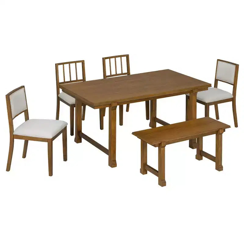Ensemble de salle à manger de ferme Whisen 6 pièces, meubles de salle à manger en bois pour 6 personnes, table à manger rectangulaire et 4 chaises, 1 banc