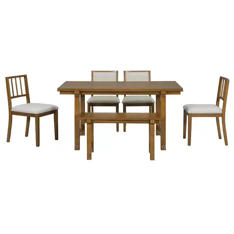 Ensemble de salle à manger de ferme Whisen 6 pièces, meubles de salle à manger en bois pour 6 personnes, table à manger rectangulaire et 4 chaises, 1 banc