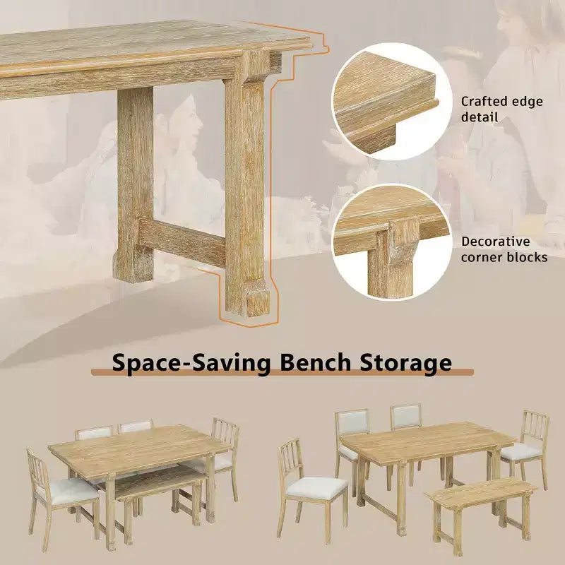 Ensemble de salle à manger de ferme Whisen 6 pièces, meubles de salle à manger en bois pour 6 personnes, table à manger rectangulaire et 4 chaises, 1 banc