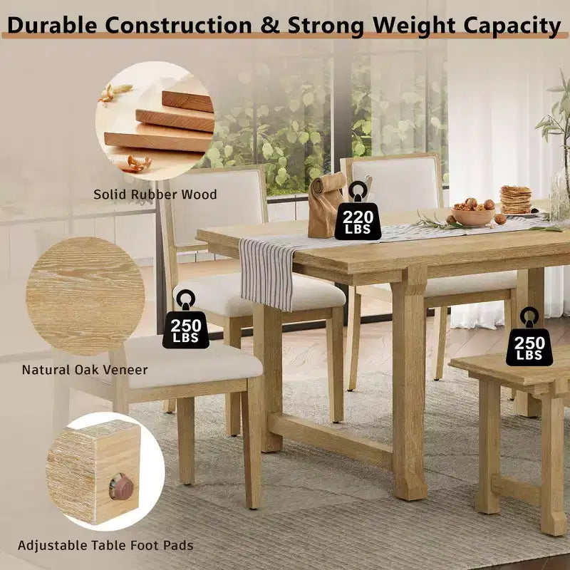 Ensemble de salle à manger de ferme Whisen 6 pièces, meubles de salle à manger en bois pour 6 personnes, table à manger rectangulaire et 4 chaises, 1 banc
