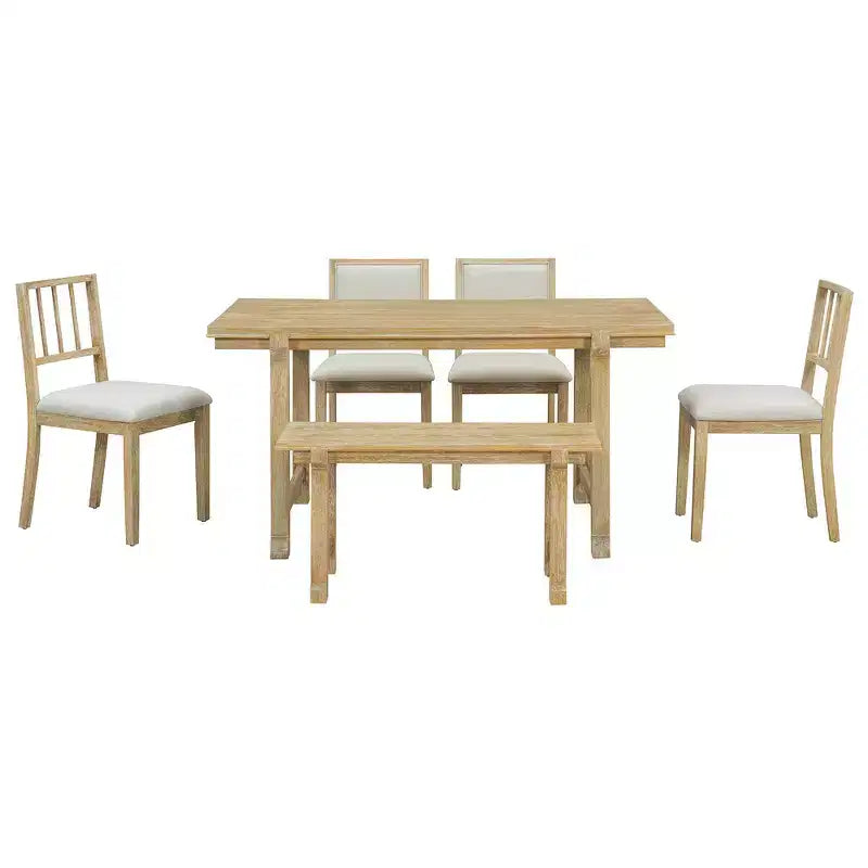 Ensemble de salle à manger de ferme Whisen 6 pièces, meubles de salle à manger en bois pour 6 personnes, table à manger rectangulaire et 4 chaises, 1 banc