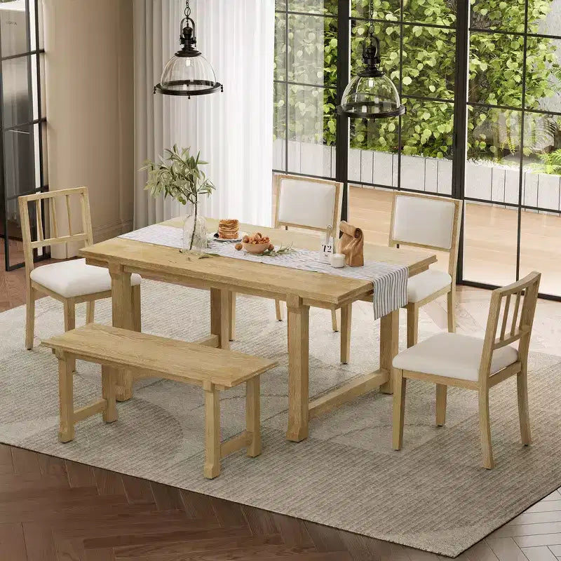 Whisen 6-Piece Farmhouse Dining Table Sets, Kitchen Wood Dining Set Furniture for 6, Rectangle Dining Table and 4 Chairs, 1 Bench