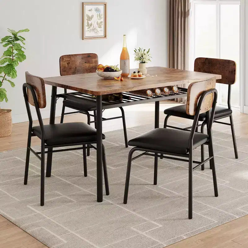 Ensemble de salle à manger 5 pièces pour 4 personnes, table de cuisine moderne avec étagère de rangement, plateau en bois et cadre en métal, 4 chaises rembourrées pour petits espaces, appartement