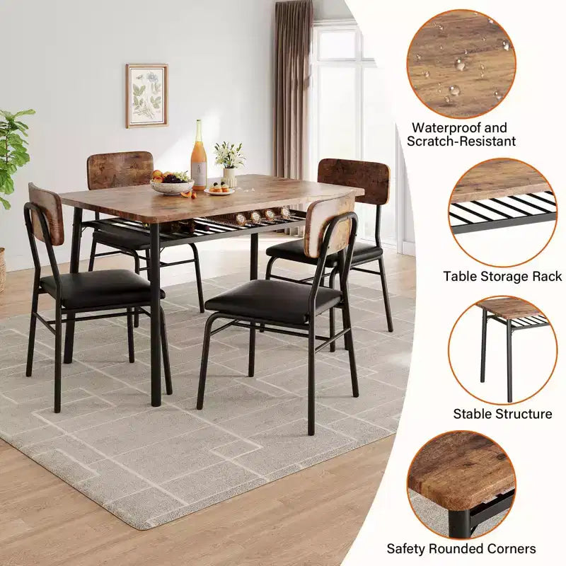 Ensemble de salle à manger 5 pièces pour 4 personnes, table de cuisine moderne avec étagère de rangement, plateau en bois et cadre en métal, 4 chaises rembourrées pour petits espaces, appartement