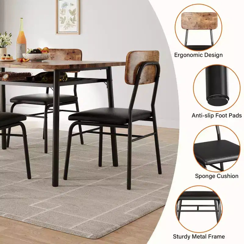 Ensemble de salle à manger 5 pièces pour 4 personnes, table de cuisine moderne avec étagère de rangement, plateau en bois et cadre en métal, 4 chaises rembourrées pour petits espaces, appartement