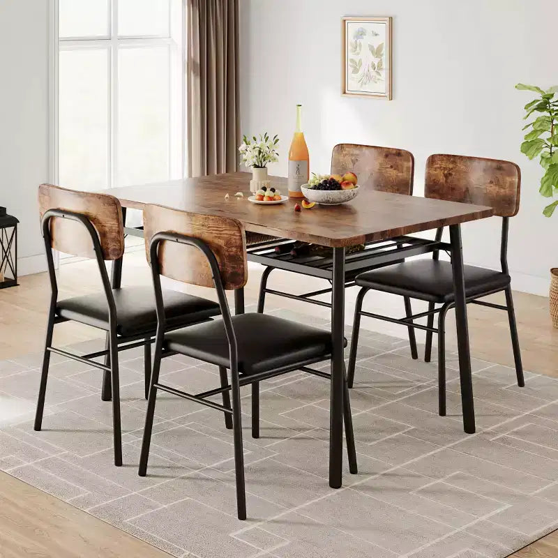 Ensemble de salle à manger 5 pièces pour 4 personnes, table de cuisine moderne avec étagère de rangement, plateau en bois et cadre en métal, 4 chaises rembourrées pour petits espaces, appartement
