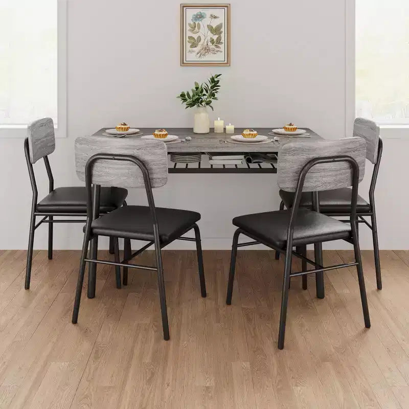 Ensemble de salle à manger 5 pièces pour 4 personnes, table de cuisine moderne avec étagère de rangement, plateau en bois et cadre en métal, 4 chaises rembourrées pour petits espaces, appartement