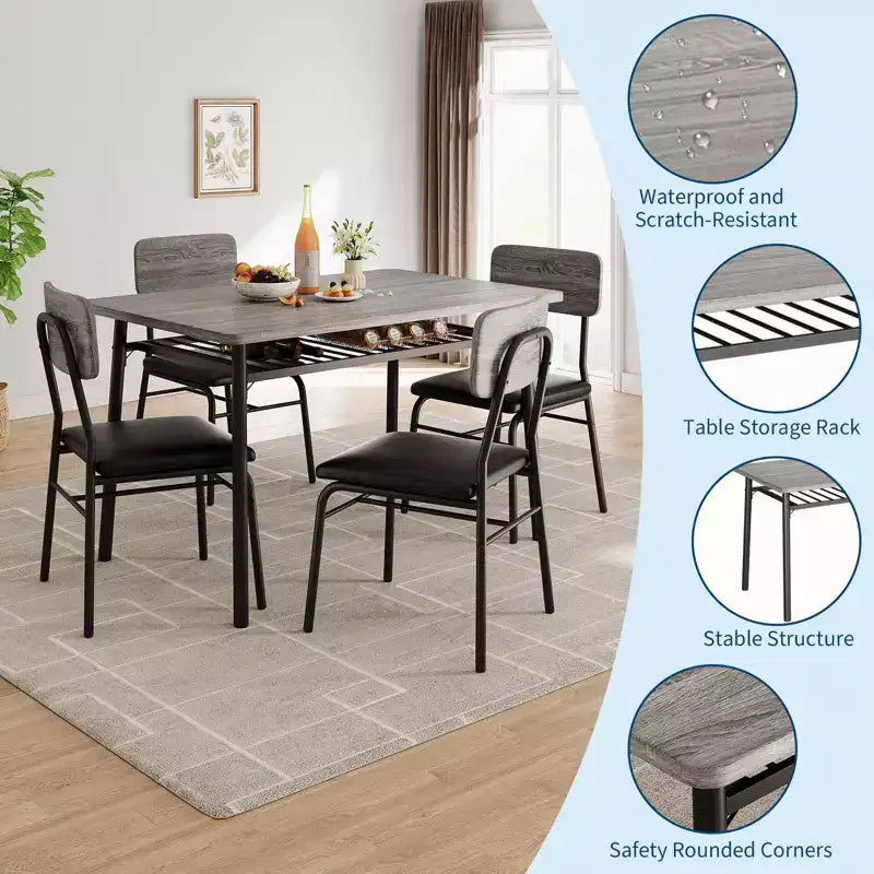 Ensemble de salle à manger 5 pièces pour 4 personnes, table de cuisine moderne avec étagère de rangement, plateau en bois et cadre en métal, 4 chaises rembourrées pour petits espaces, appartement