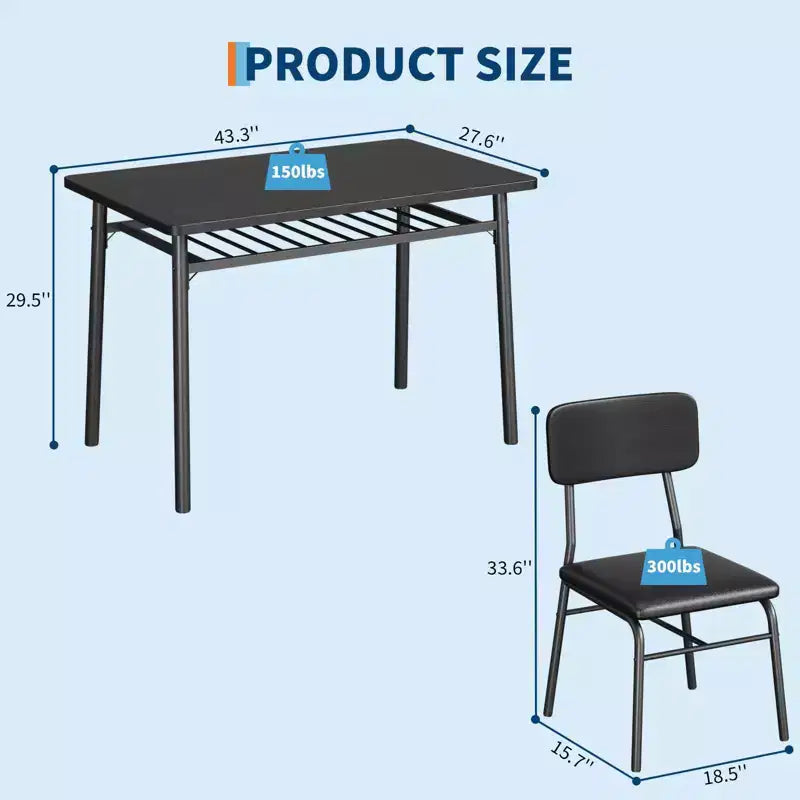 Ensemble de salle à manger 5 pièces pour 4 personnes, table de cuisine moderne avec étagère de rangement, plateau en bois et cadre en métal, 4 chaises rembourrées pour petits espaces, appartement