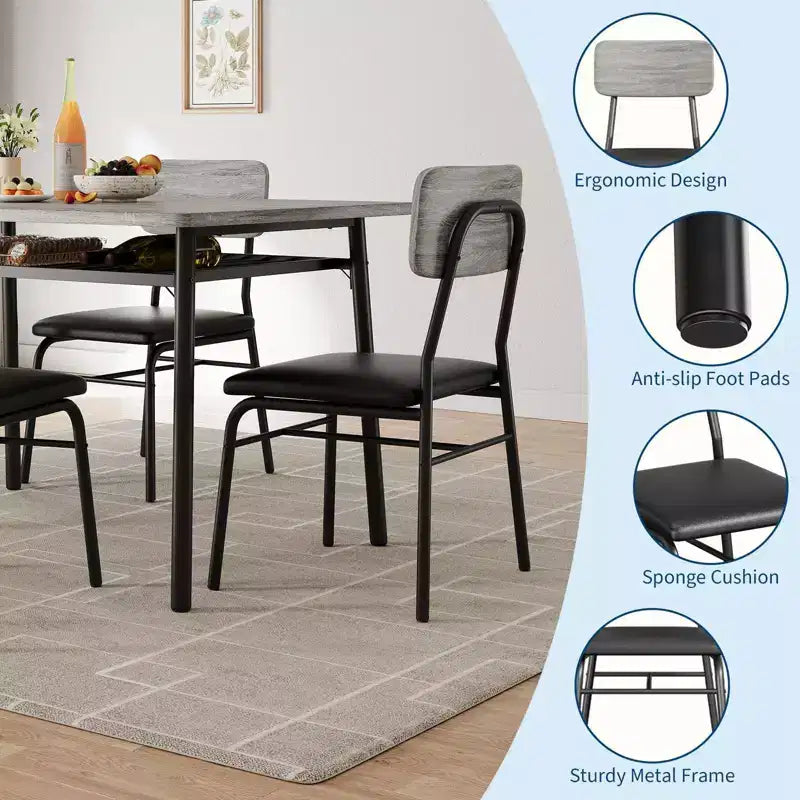 Ensemble de salle à manger 5 pièces pour 4 personnes, table de cuisine moderne avec étagère de rangement, plateau en bois et cadre en métal, 4 chaises rembourrées pour petits espaces, appartement