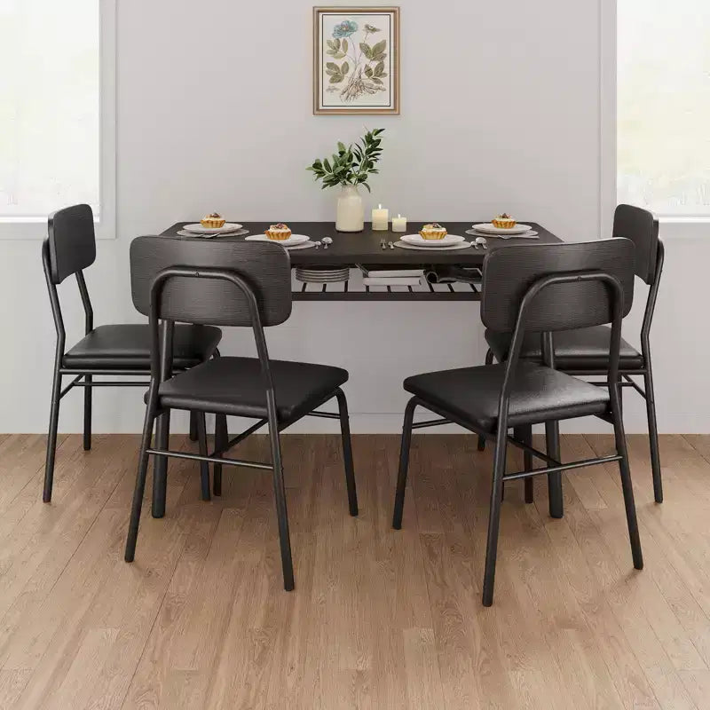Ensemble de salle à manger 5 pièces pour 4 personnes, table de cuisine moderne avec étagère de rangement, plateau en bois et cadre en métal, 4 chaises rembourrées pour petits espaces, appartement