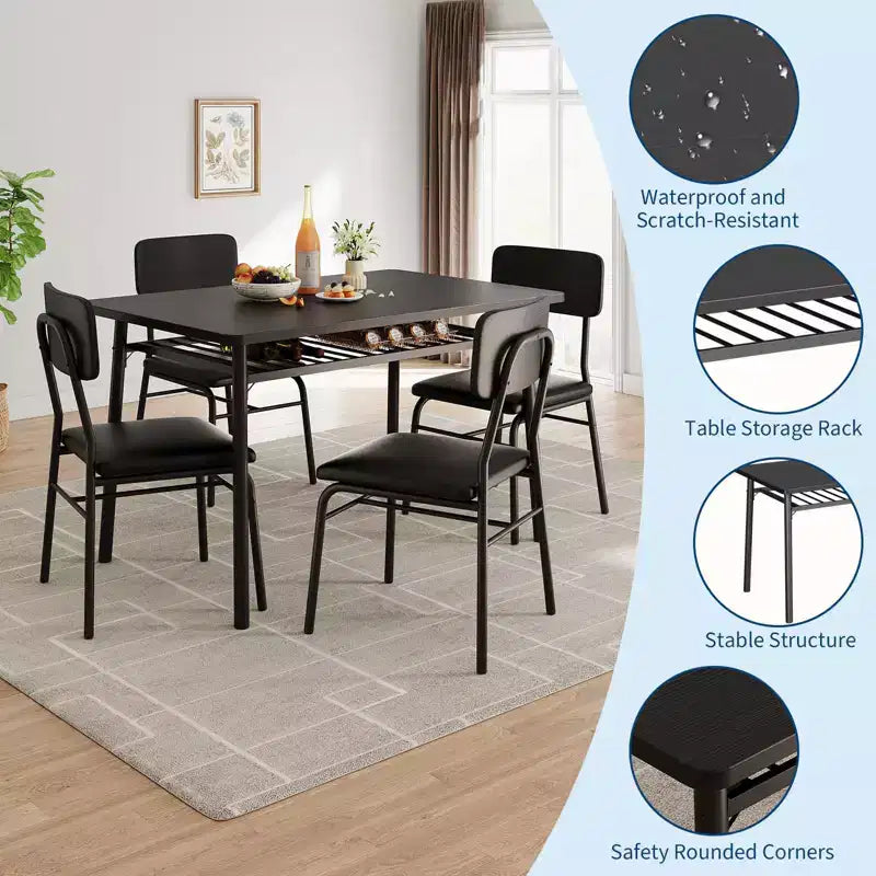 Ensemble de salle à manger 5 pièces pour 4 personnes, table de cuisine moderne avec étagère de rangement, plateau en bois et cadre en métal, 4 chaises rembourrées pour petits espaces, appartement