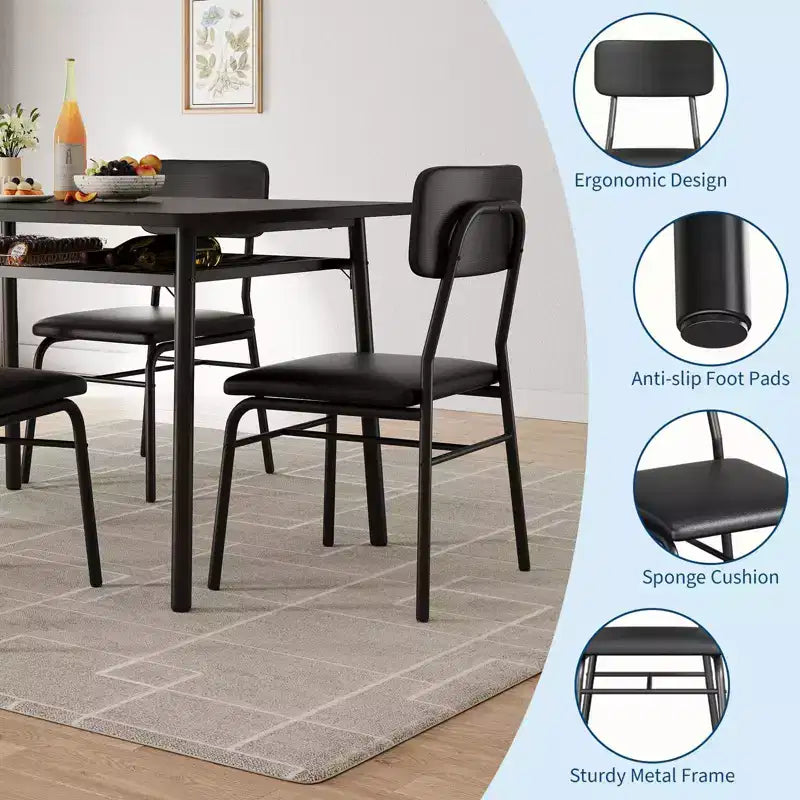 Ensemble de salle à manger 5 pièces pour 4 personnes, table de cuisine moderne avec étagère de rangement, plateau en bois et cadre en métal, 4 chaises rembourrées pour petits espaces, appartement