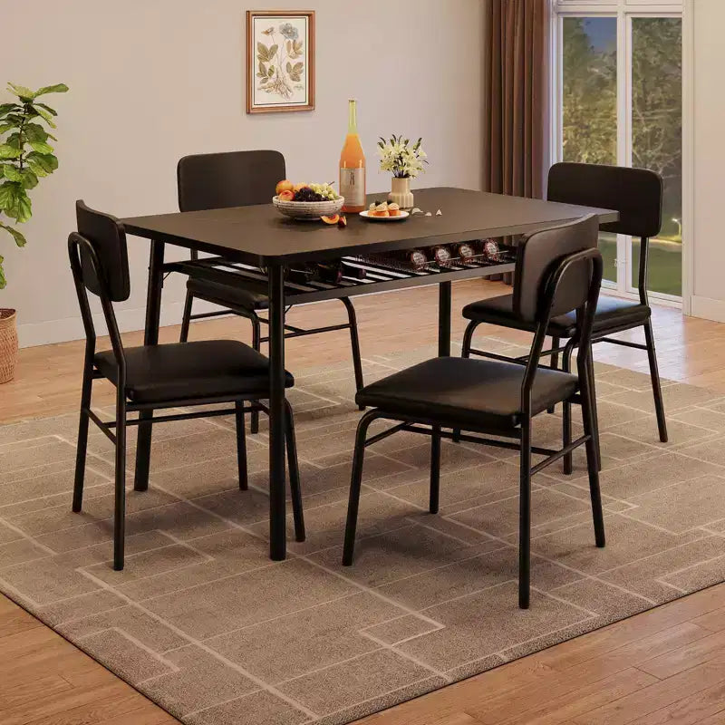 Ensemble de salle à manger 5 pièces pour 4 personnes, table de cuisine moderne avec étagère de rangement, plateau en bois et cadre en métal, 4 chaises rembourrées pour petits espaces, appartement