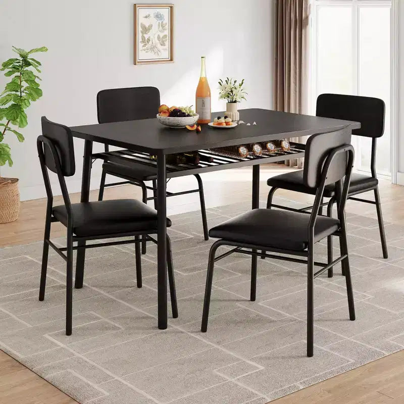 5-Piece Dining Table Set for 4, Modern Kitchen Table w/Storage Rack, Wood Top & Metal Frame, 4 Padded Chairs for Small Space, Apartment