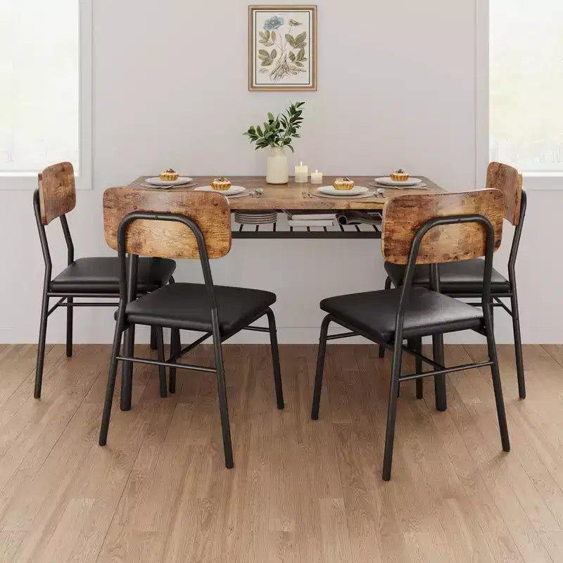Ensemble de salle à manger 5 pièces pour 4 personnes, table de cuisine moderne avec étagère de rangement, plateau en bois et cadre en métal, 4 chaises rembourrées pour petits espaces, appartement