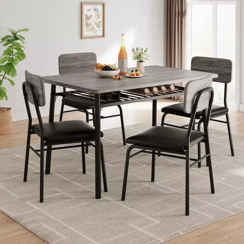 Ensemble de salle à manger 5 pièces pour 4 personnes, table de cuisine moderne avec étagère de rangement, plateau en bois et cadre en métal, 4 chaises rembourrées pour petits espaces, appartement