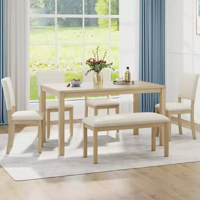 Zevemomo 6-Piece Solid Wood Dining Table Set for 6, Including 1 Dinner Table, 4 Upholstered Chairs and 1 Bench for Dining Room, Kitchen, Beige