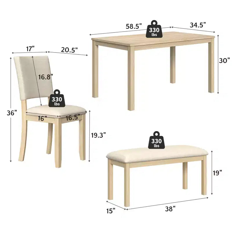 Ensemble de salle à manger Zevemomo 6 pièces en bois massif pour 6 personnes, comprenant 1 table à manger, 4 chaises rembourrées et 1 banc pour salle à manger, cuisine, beige
