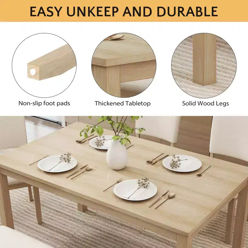 Ensemble de salle à manger Zevemomo 6 pièces en bois massif pour 6 personnes, comprenant 1 table à manger, 4 chaises rembourrées et 1 banc pour salle à manger, cuisine, beige