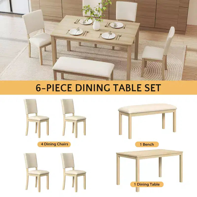 Ensemble de salle à manger Zevemomo 6 pièces en bois massif pour 6 personnes, comprenant 1 table à manger, 4 chaises rembourrées et 1 banc pour salle à manger, cuisine, beige
