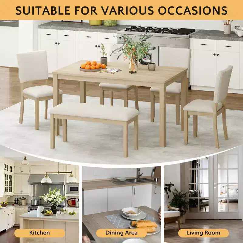 Ensemble de salle à manger Zevemomo 6 pièces en bois massif pour 6 personnes, comprenant 1 table à manger, 4 chaises rembourrées et 1 banc pour salle à manger, cuisine, beige